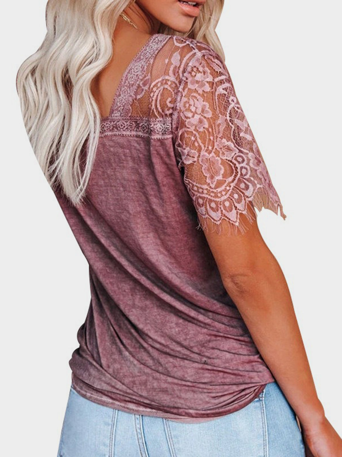 Lace Patchwork V-Neck Short Sleeve T-Shirt