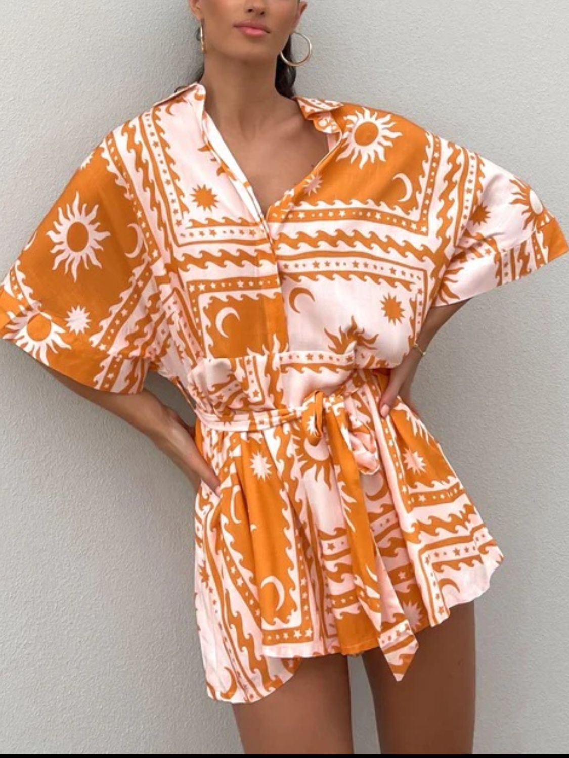 Printed Tie Waist Half Sleeve Romper