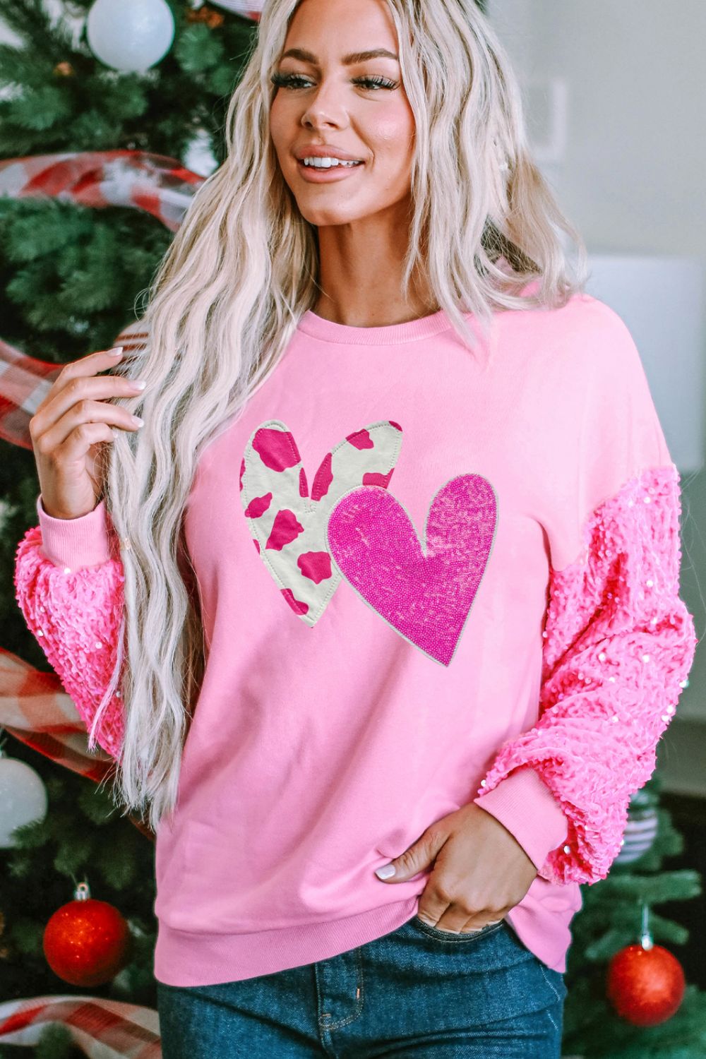 Valentine’s Day Sequin Heart Long Sleeve Sweatshirt